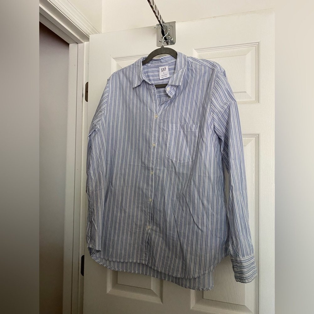 GAP Blue and White Button Down Shirt with Vertical Stripes